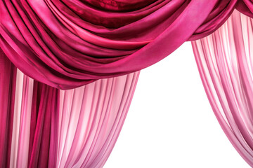 A close-up view of a lavish pink and red stage curtain with a grand arch entrance, the fabric gently flowing to create a sense of depth and anticipation for a live show.