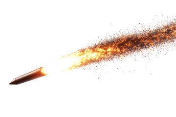 A close-up view of a single firework rocket soaring into the sky, leaving a trail of fiery light behind it. The sparkles and intense light from the rocket create 