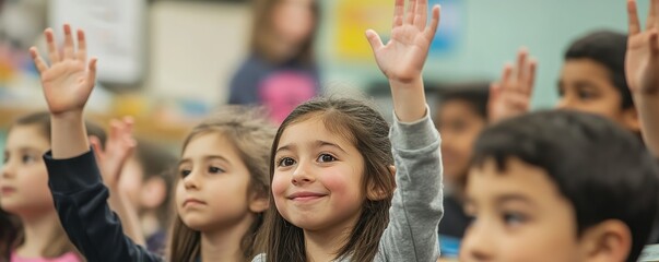 Enthusiastic young children raising hands in classroom for learning