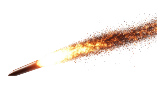 A close-up view of a single firework rocket soaring into the sky, leaving a trail of fiery light behind it. The sparkles and intense light from the rocket create 