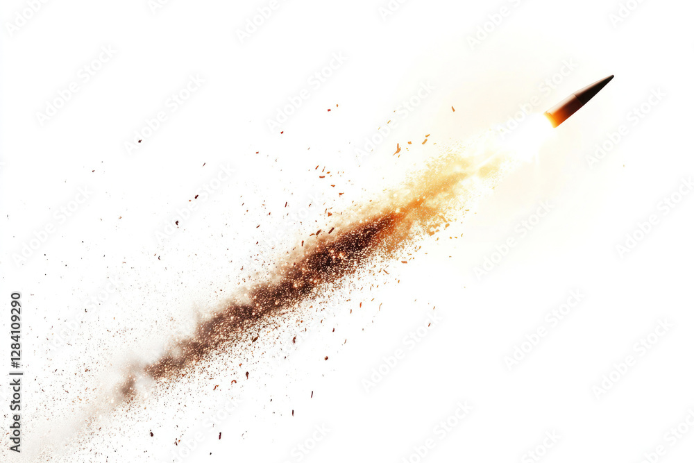 Poster A close-up view of a single firework rocket soaring into the sky, leaving a trail of fiery light behind it. The sparkles and intense light from the rocket create
