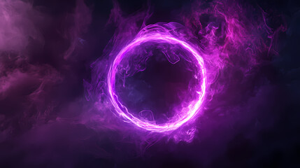 A glowing purple circular cosmic portal surrounded by ethereal smoke against a dark background. Dark Portal Between Dimensions. Illustration