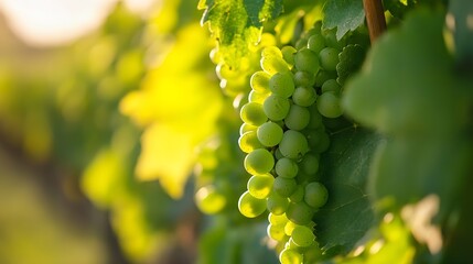 Closeup view of fresh green grapes hanging from a vine illuminated by natural sunlight in a vineyard : Generative AI
