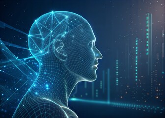 Obraz premium Futuristic AI Head Profile: Networked Intelligence