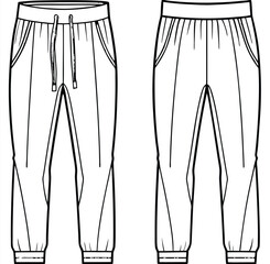 Flat activewear fashion unisex trouser joggers jeans cargo pants apparel front and back views, CAD design, mock-up, template, vector, clothing, technical drawing, fashion, illustration, line art.