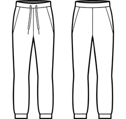 Flat activewear fashion unisex trouser joggers jeans cargo pants apparel front and back views, CAD design, mock-up, template, vector, clothing, technical drawing, fashion, illustration, line art.