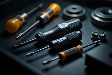 Close up of Screwdrivers and Metal Parts in Black Tray with Studio Lighting