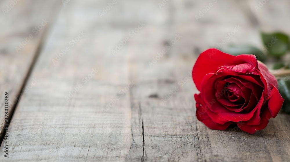 Poster a single red rose lies on a wooden table symbolizing love and romance in a tranquil setting : genera