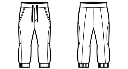 Flat activewear fashion unisex trouser joggers jeans cargo pants apparel front and back views, CAD design, mock-up, template, vector, clothing, technical drawing, fashion, illustration, line art.