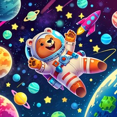 An adventurous cartoon bear dressed in a tiny astronaut suit, floating in space with a rocket ship behind, surrounded by twinkling stars and planets, vibrant colors, ultra-HD, whimsical style, perfect