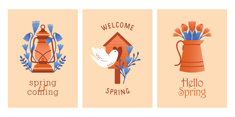 Set of vertical spring cards with vector illustrations of lantern, spring flowers, plants, bird house, flying bird,  jug full of tulips, text. Spring is coming. Naive cute banners with cozy clip arts.
