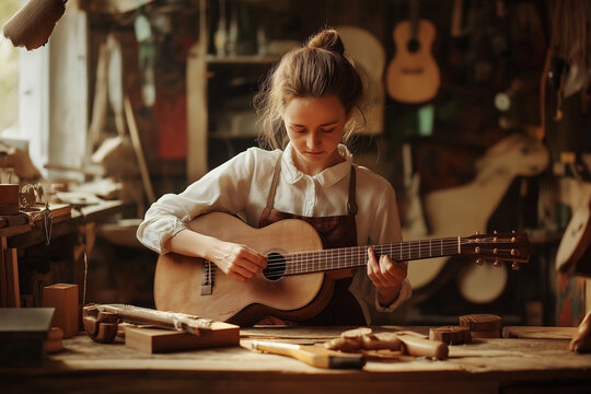 Instrumentenbauerin spielt handgefertigte Gitarre &ndash; Zupfinstrumente und Handwerk in der Werkstatt