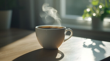 Obraz premium A steaming cup of coffee sits on a wooden table, bathed in the morning sunlight near a window.