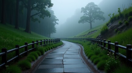 Fototapeta premium A quiet rain-soaked pathway lined with wooden fences, leading into a misty, lush landscape, ideal for relaxation, travel, and meditative themes