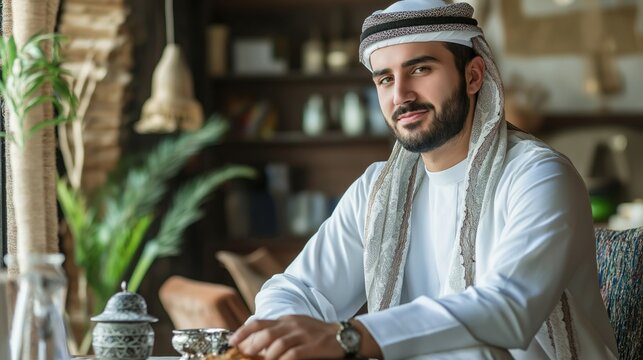 Dressed in a stylish dish dasha, a handsome man sits in a beautifully decorated cafe, sipping a warm beverage and engaging in thoughtful conversation, surrounded by a relaxed atmosphere