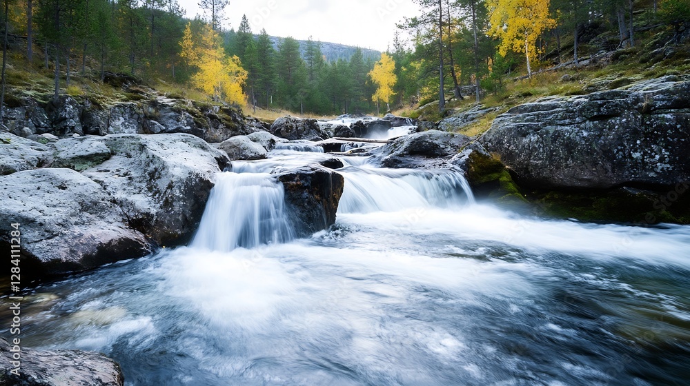 Poster serene waterfall flowing over rocks surrounded by vibrant autumn trees in a peaceful forest : genera