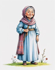 Obraz premium cute old woman in long dress with shawl whole body child like drawing on a white background crayon art whimsical youthful hand drawn cartoon