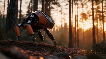 Futuristic robotic creature with orange accents in a forest setting during sunset, displaying intricate details and dynamic form, with tall trees and soft sunlight filtering through the foliage