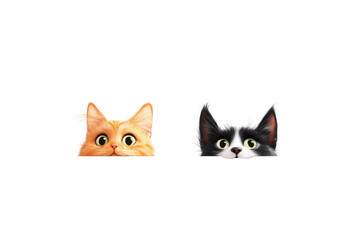Fototapeta premium A cute black and white dog with perky ears and a ginger cat with bright green eyes peering over the edge of a web banner, showing only their heads. The banner is designed for web content,
