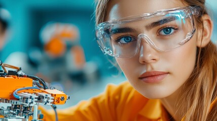 A focused young woman wearing safety goggles works on a robotic project, showcasing innovation and technology in a bright, modern environment.