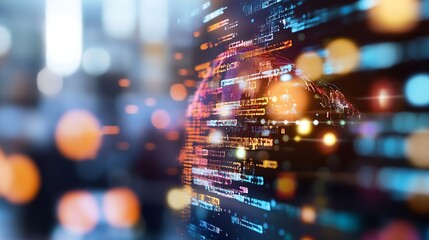 Abstract digital visualization showcasing a 3D globe with glowing data lines and vibrant colored bokeh lights : Generative AI