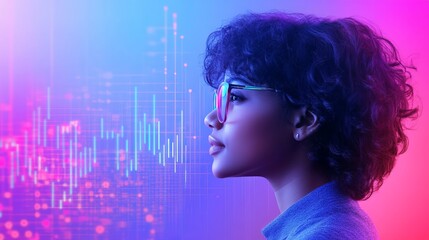 Young Black woman with curly hair wearing glasses, side profile against a colorful digital background, exuding a modern, tech-savvy vibe.
