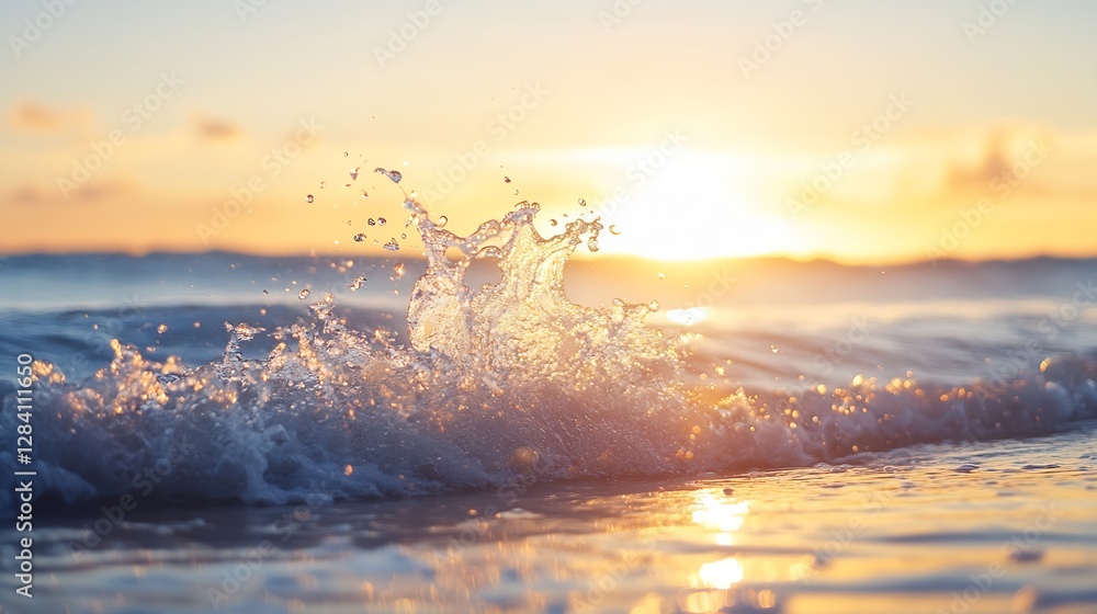 Aufkleber beautiful ocean wave splashing dynamically against sandy shore during stunning sunset glow over hori
