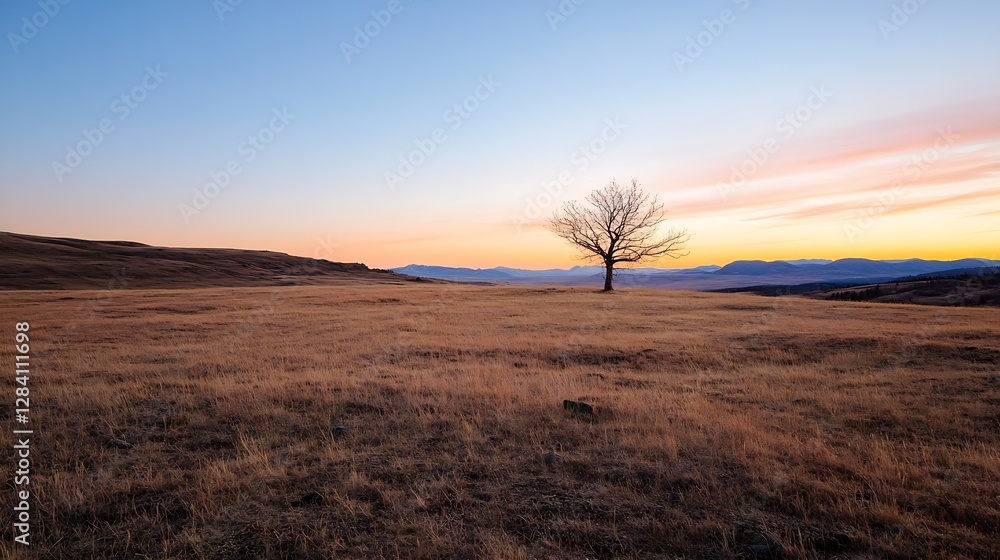 Poster lonely tree at dusk overlooking vast empty grassland hills under an evening sky : generative ai