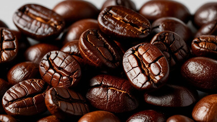 Roasted coffee beans are displayed in detail, highlighting their deep brown color and distinct textures. Cracks and variations in shading create an eye-catching visual interest