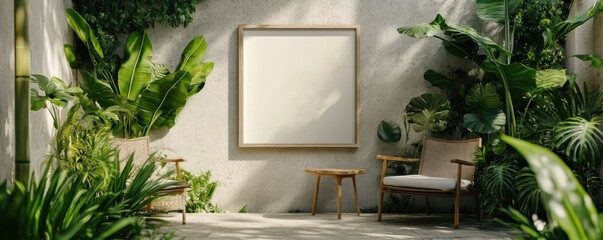 Tranquil outdoor seating with two chairs, large plants, and wooden frame on textured wall