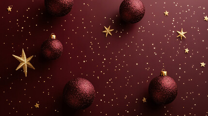 Christmas ornaments, gold stars, and glitter on burgundy background.