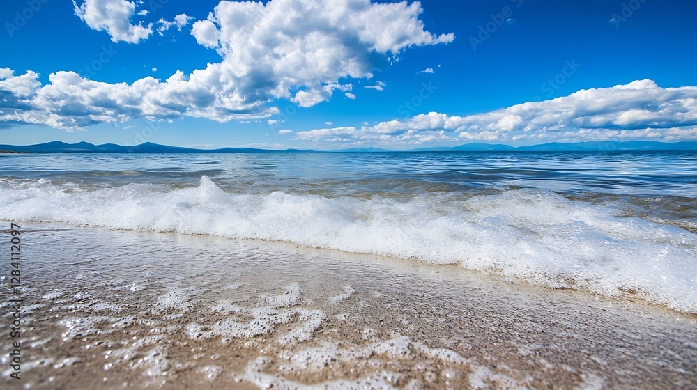 Poster serene beach scene with gentle waves lapping the shore under a bright blue sky : generative ai