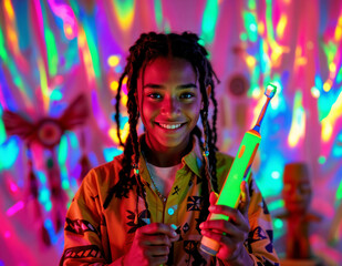Obraz premium Portrait of afro american girl with dreadlocks holding toothbrush in neon light. Bright Smile Bright Lights