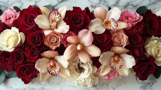 Floral arrangement display elegant event image composition indoor setting top view beauty concept