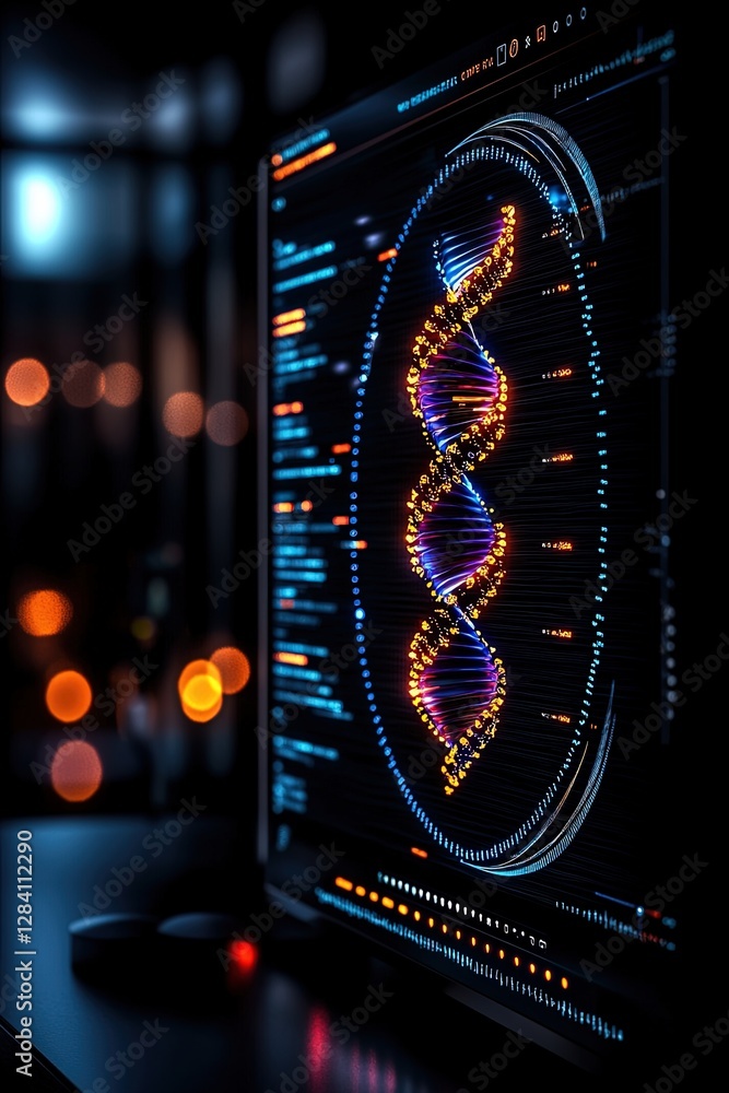 Poster medical diagnostic interface visualization, glowing dna model with data visualization in dark enviro