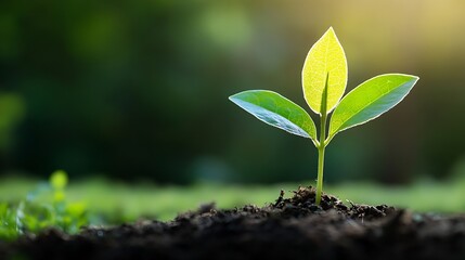 Fototapeta premium Newly Sprouted Green Plant Emerging From NutrientRich Soil Under Soft Morning Light : Generative AI