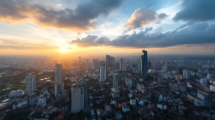 Obraz premium Stunning panoramic view of bustling city skyline at dusk with vibrant sunset casting colors on the buildings : Generative AI