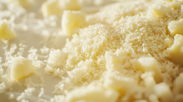 Close up of grated and cubed hard cheese reveals textures and adds visual interest to culinary content.