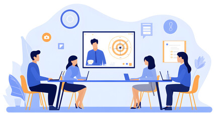 A flat illustration of an online meeting with four people sitting at a table and one person on screen
