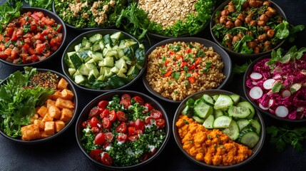 Fototapeta premium Various vegan buddha bowls with roasted vegetables and quinoa displaying healthy food choices