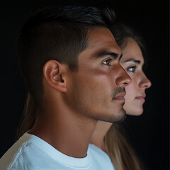 photograph of the face of a 25-year-old Mexican man and woman in profile with a white t-shirt