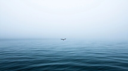 A lone bird flying over calm ocean waters shrouded in light fog : Generative AI