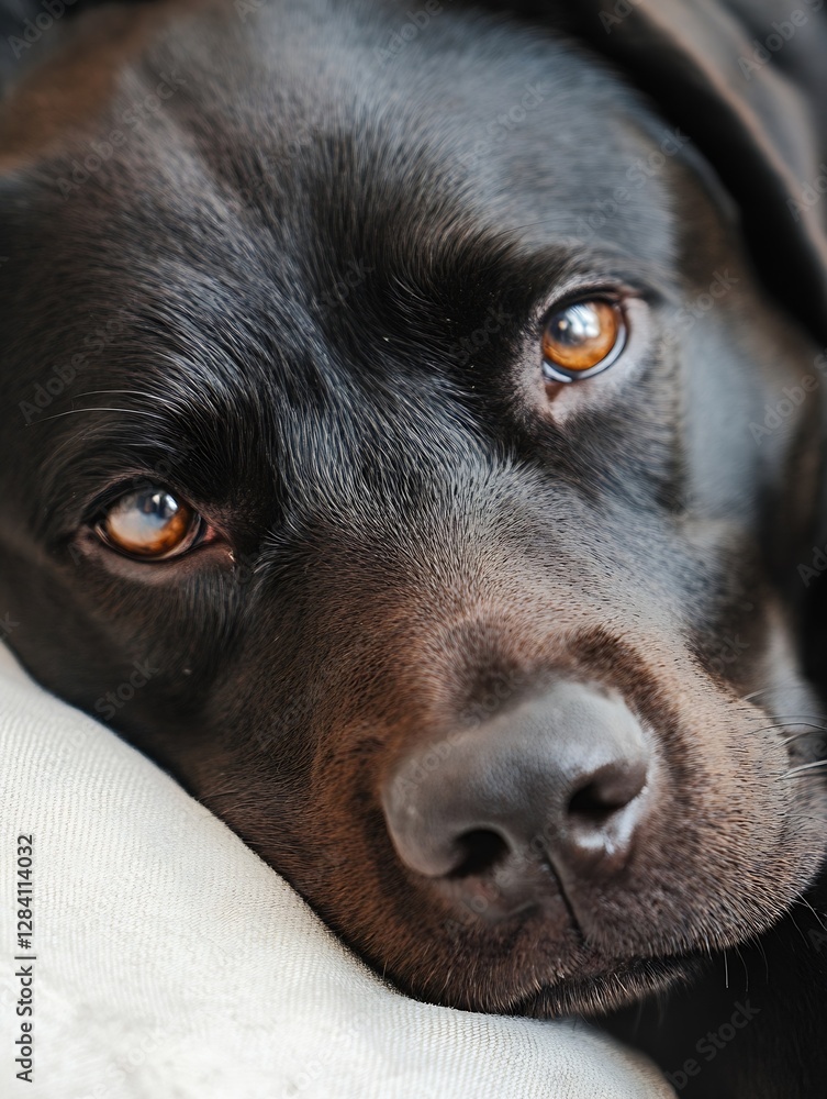 Poster closeup of a loyal black dog with expressive brown eyes resting comfortably on a soft surface : gene
