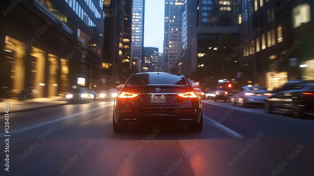 Poster dynamic urban scene capturing the rear view of a sleek car driving through city streets at dusk : ge