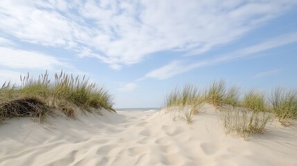 Serene Beach Landscape with Soft Sand Dunes and Lush Green Grass Under Bright Blue Sky : Generative AI