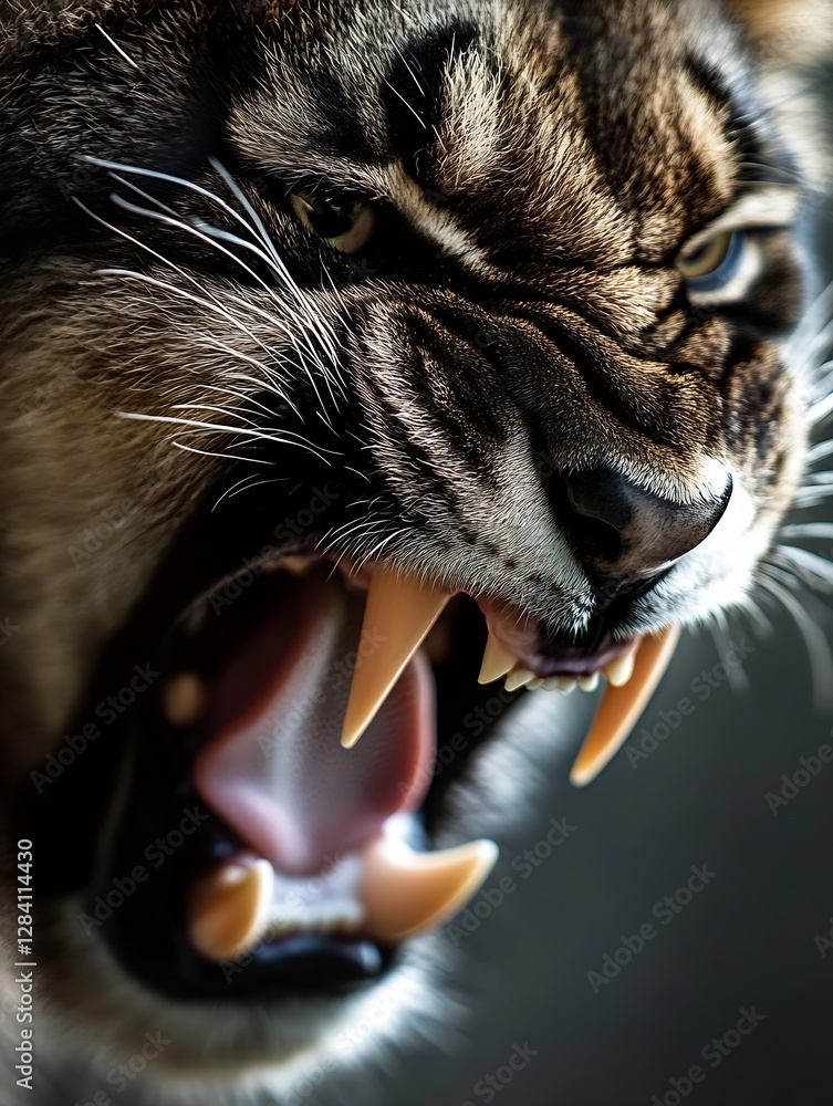 Poster intense closeup of a roaring tiger revealing sharp fangs and fierce expression in stunning detail : 