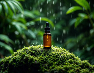 Essential oil in glass bottle on green moss with rain drops. Nature Remedy