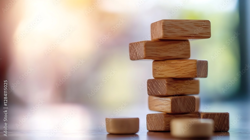 Aufkleber Stacked Wooden Blocks Ready for Play on a Table with Soft Background Blur : Generative AI
