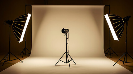 Pro studio setup with seamless white backdrop, professional lighting equipment for photo shoots. Clean, uncluttered composition. Soft shadows. Ideal for fashion product photography. Commercial style.