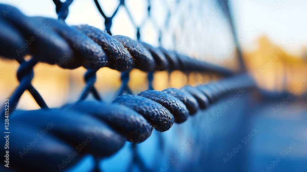 Poster closeup of black textured rope on a fence with bokeh effect from the background : generative ai